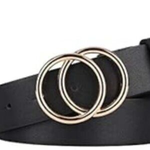 Black Faux Leather Women's Belt w Gold Double O Ring Closure Size M EUC